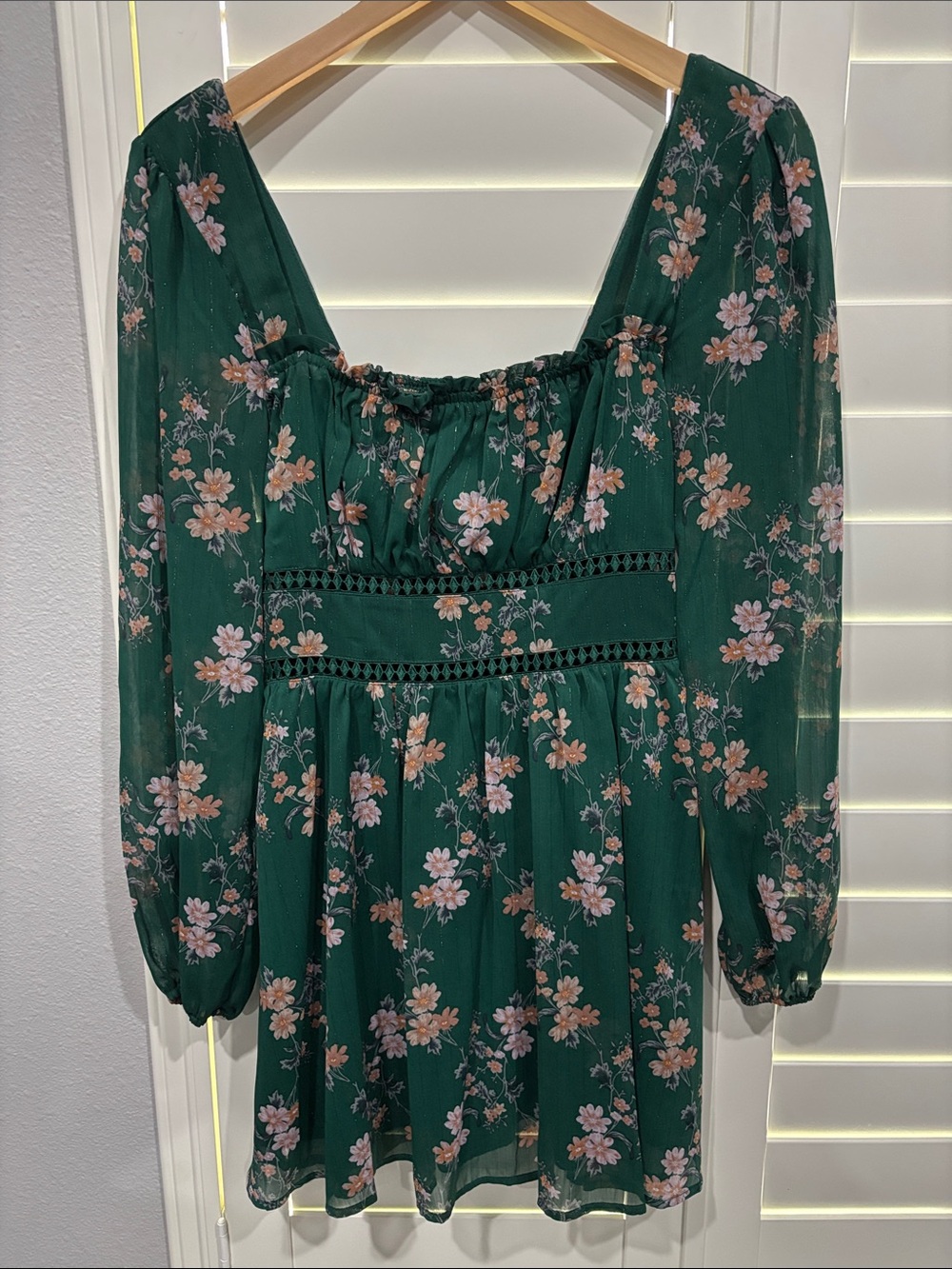 Forest Green Floral Long-Sleeve Mini Dress